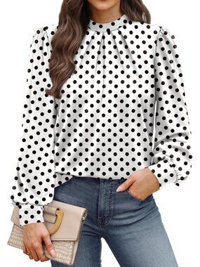 👗 Women's White Polka Dot Long Sleeve Shirts Pleated Front Blouse Mock Neck Top